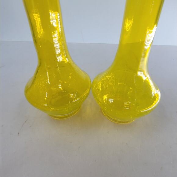 Vintage Yellow Crackle Glass Bud Vase Set Ruffle Rim Mid Century Home Decor - Picture 4 of 6